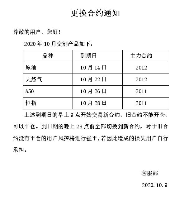 【元大期货官网】10月合约更换通知